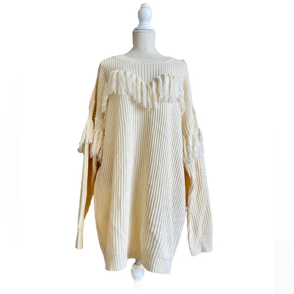 VICI Crewneck Fringe Trim Drop Shoulder Sweater Dress Cream X Large - Picture 5 of 10